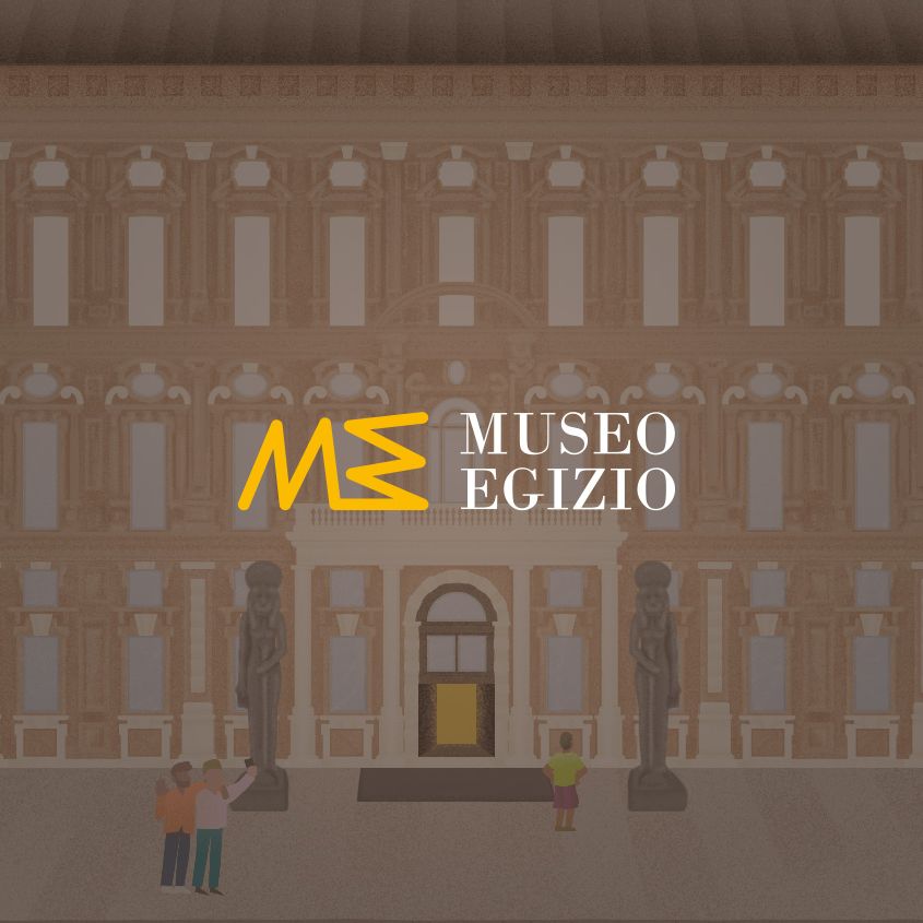Copertina stratigrafia del museo egizio, facciata ricostruita con grafica bidimensionale, entrando dalla porta ha inizio l'esperienza