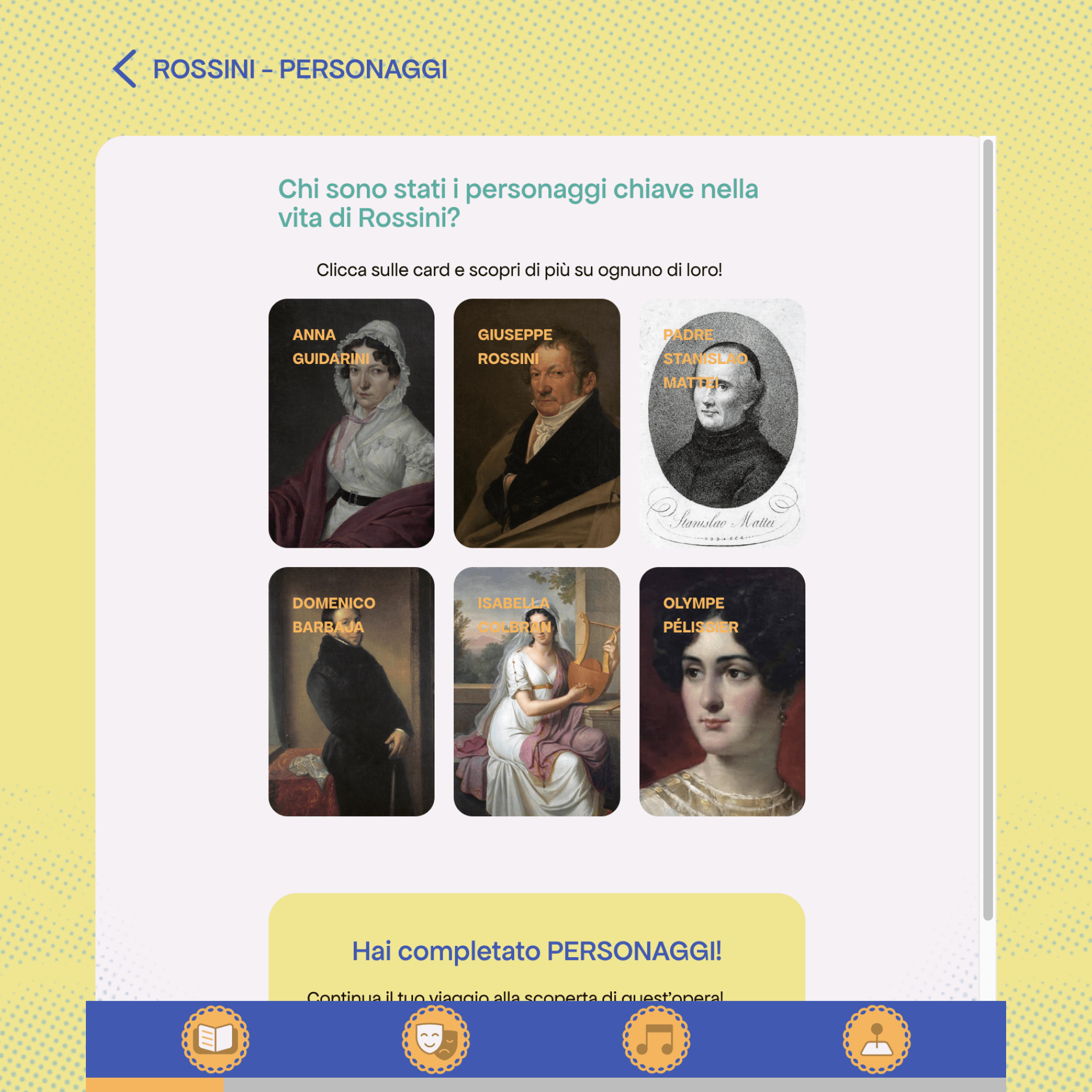 Schermata di ROFUP! con personaggi chiave della vita di Gioachino Rossini