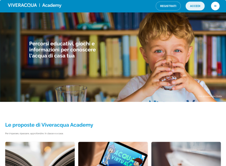 La homepage di Viveracqua Academy con i percorsi educativi dedicati alla conoscenza dell'acqua.