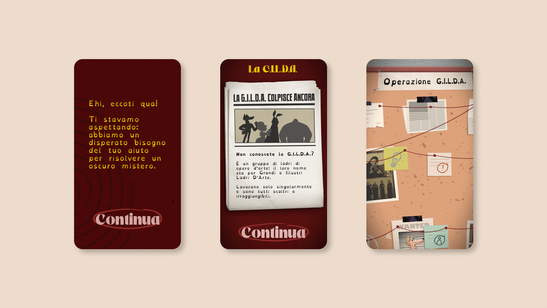 Mockup di varie schermate di Operazione G.I.L.D.A.
