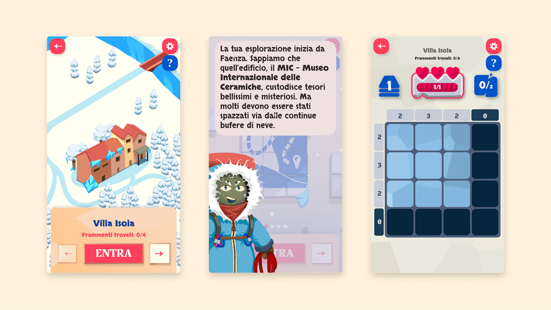 Un'immagine in cui sono riassunte tre schermate mobile del videogioco Fragments.