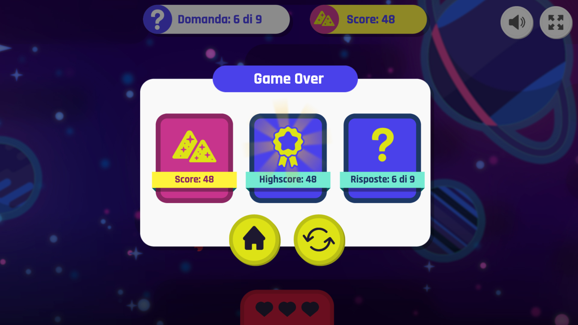 Schermata game over Astro Quiz