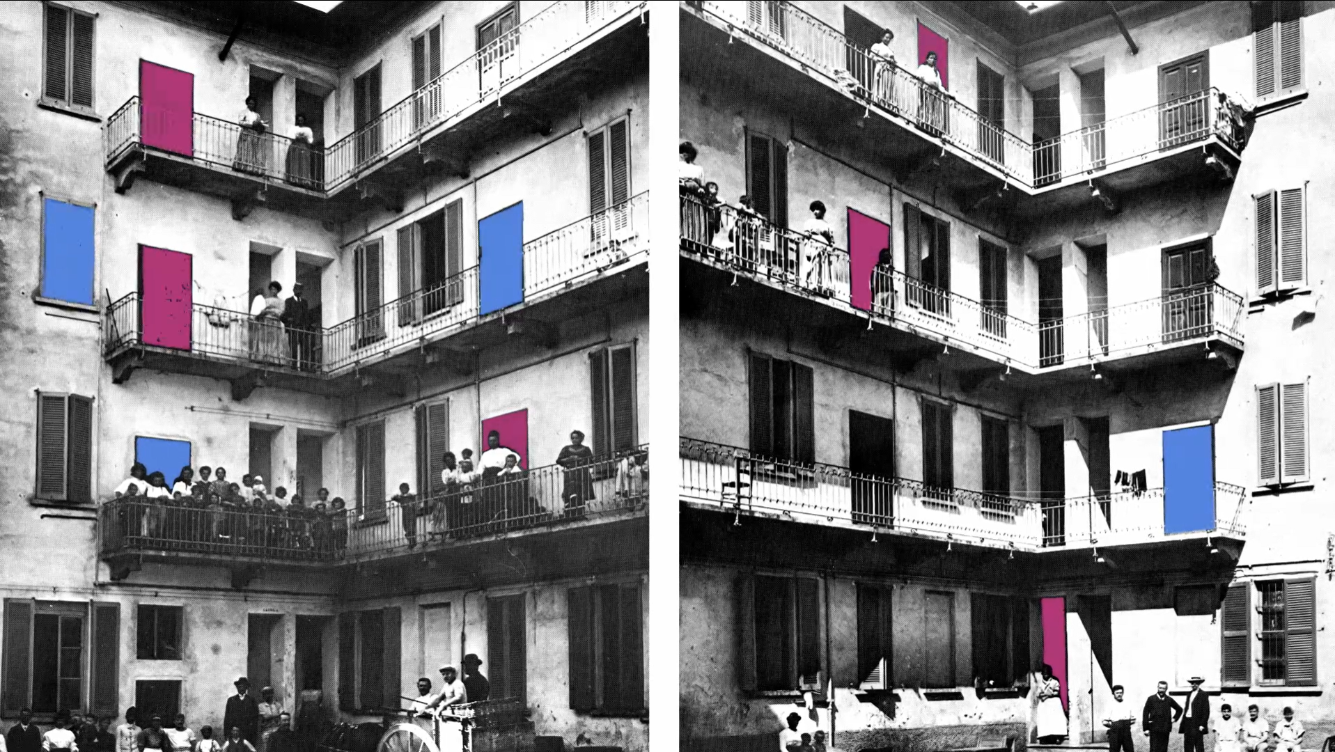 Un condominio del passato con le finestre colorate dalla cooperazione