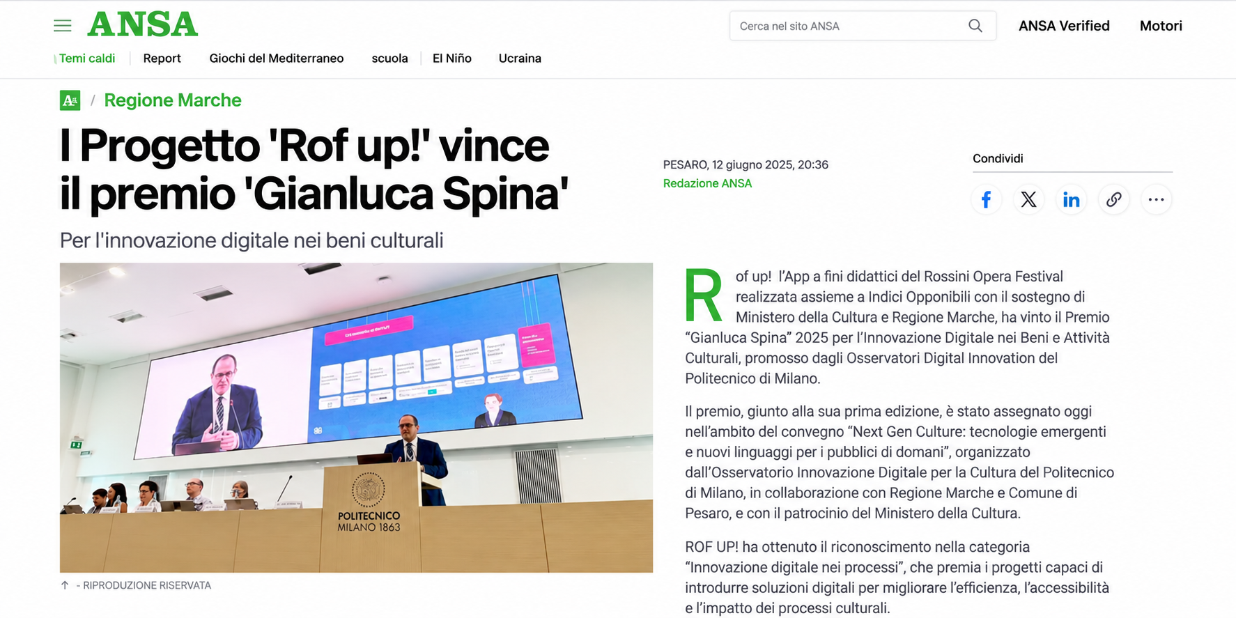 Articolo ANSA sulla vittoria del premio Gianluca Spina da parte del progetto ROF UP! 