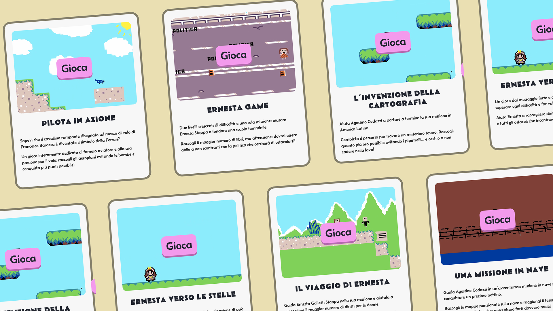 Le schede dei minigiochi arcade sviluppati per il progetto, ciascuna con titolo, descrizione e pulsante per giocare
