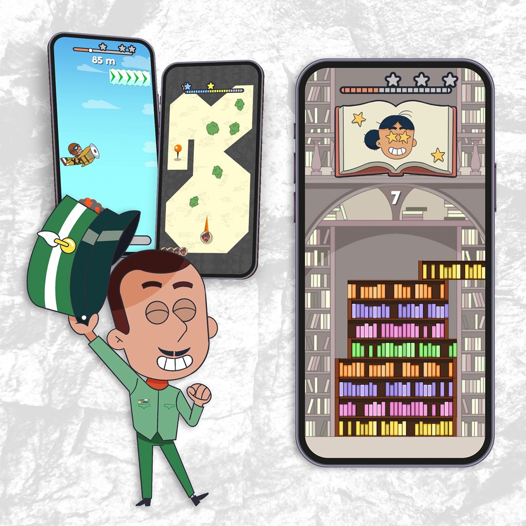 Il personaggio di Francesco Baracca illustrato in stile cartoon accanto alle schermate di due minigiochi dell'esperienza